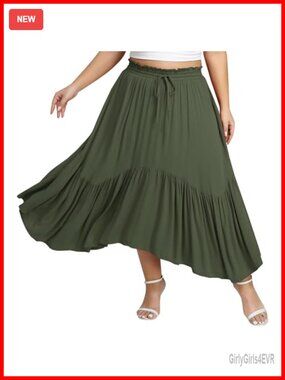 Plus Size Maxi Skirt Empire Waist A-Line Flowy Ruffled Hem Drawstring